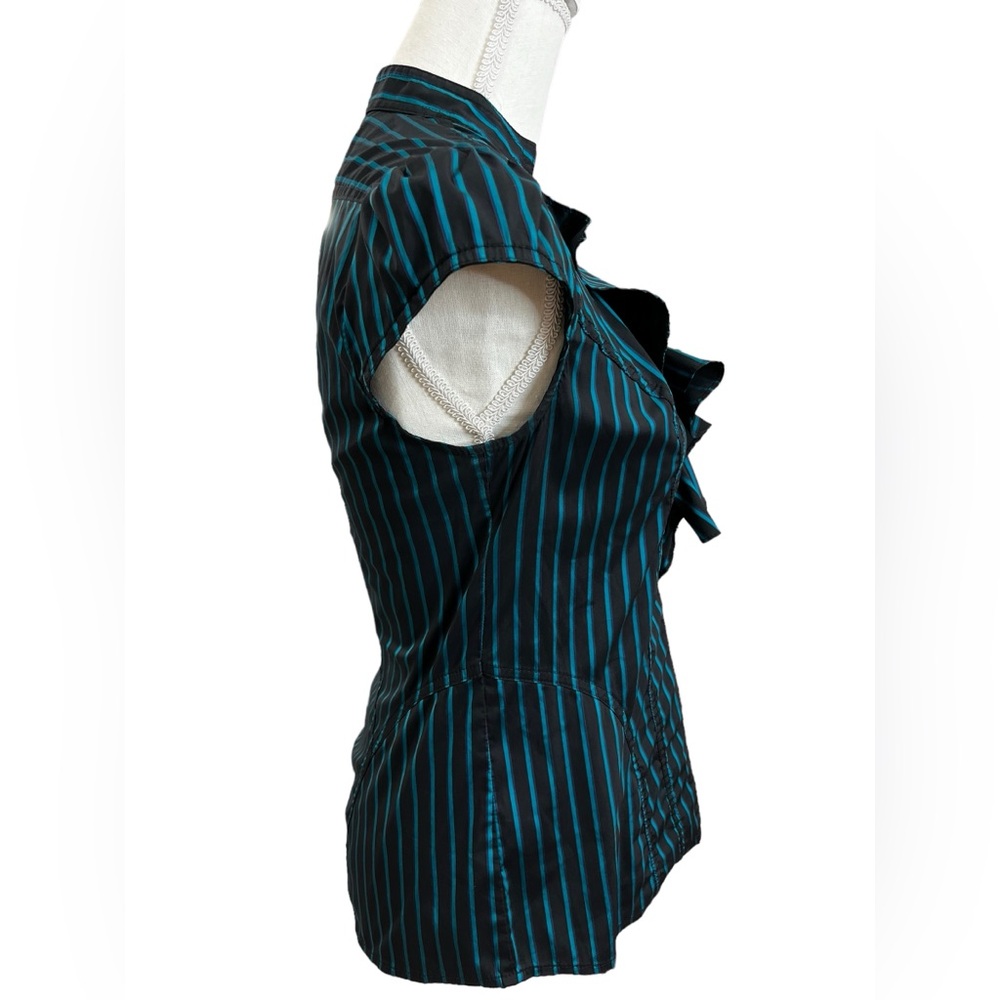 Express Elite Teal Stripe Ruffle Blouse Career Top Y2K Stretch Small - Picture 4 of 6